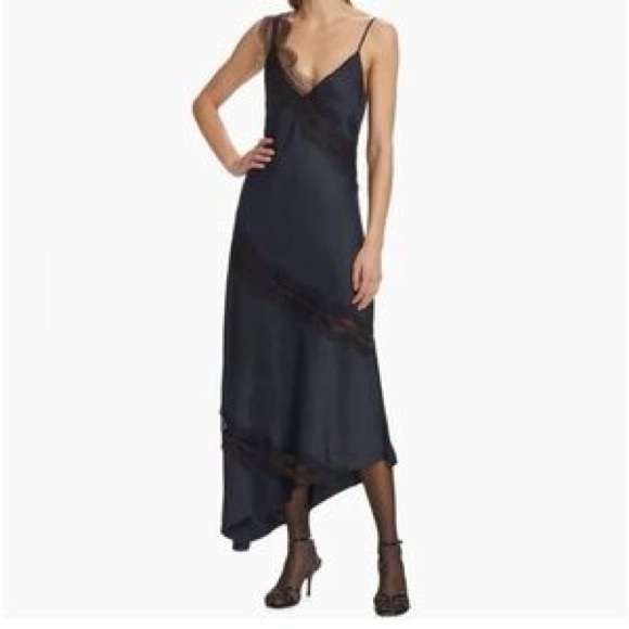 HOUSE OF HARLOW 1960 Lace-Trim Poly Satin Hi-Low Sleep Midi Dress